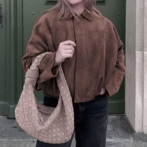 WOWULOVELY Women's Faux Suede Bomber Jacket Lapel Pilot Pocket Coat Casual Oversized Long Dolman Sleeves Trendy Streetwear3