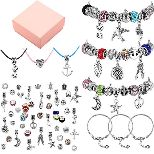 62 Pieces DIY Charm Bracelet Making Kit, Jewelry Making Supplies Bead Snake Chain Set, Beads Craft with Silver Snake Chain for DIY Jewelry Advent Calendar Party Favor Craft Birthday for Teens Girls