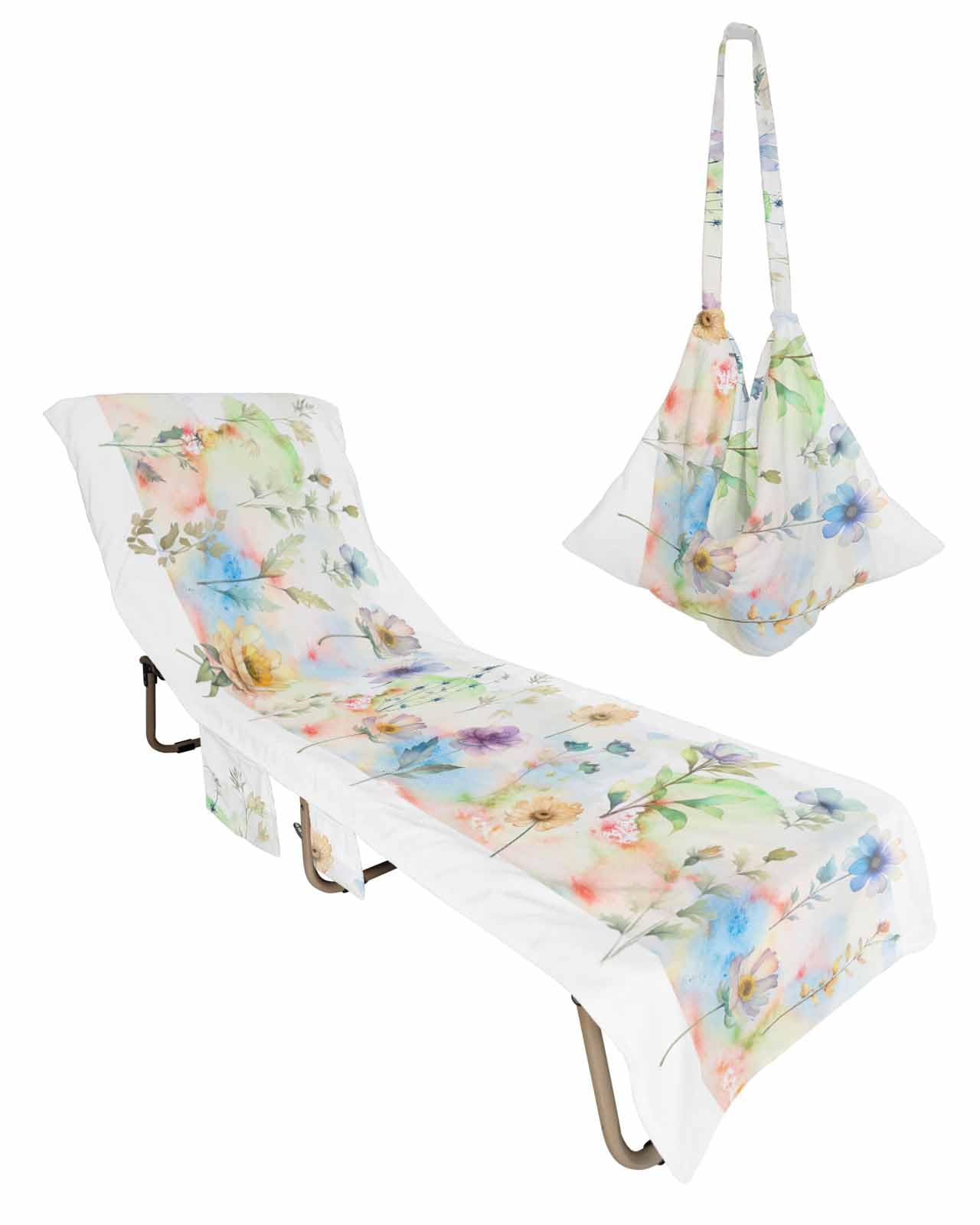 Colorful Spring Floral Beach Lounge Chair Towel Cover, Soft Chaise Lounge Towel with Side Pockets Patio Pool Chairs Cover for Beach/Pool Sunbathing 29x85 Watercolor Elegant Summer Botanical