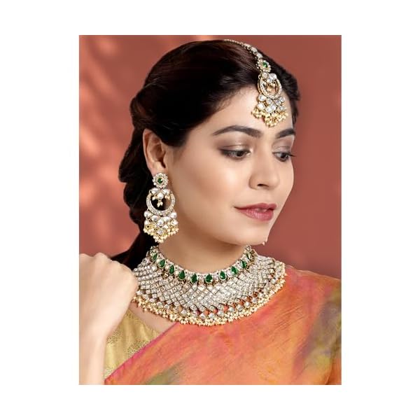 Peora Green Gold Plated Indian Traditional Polki Look Kundan Bridal Necklace Earring Set with Maang Tikka for Women - Image 5