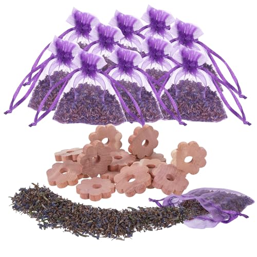 Madera de cedro antipolillas para armario, bolsas de lavanda, incluye 10 saquitos de lavanda y 20 anillos de madera de cedro en forma de flor, bolsas perfumadas de lavanda para armarios, coches