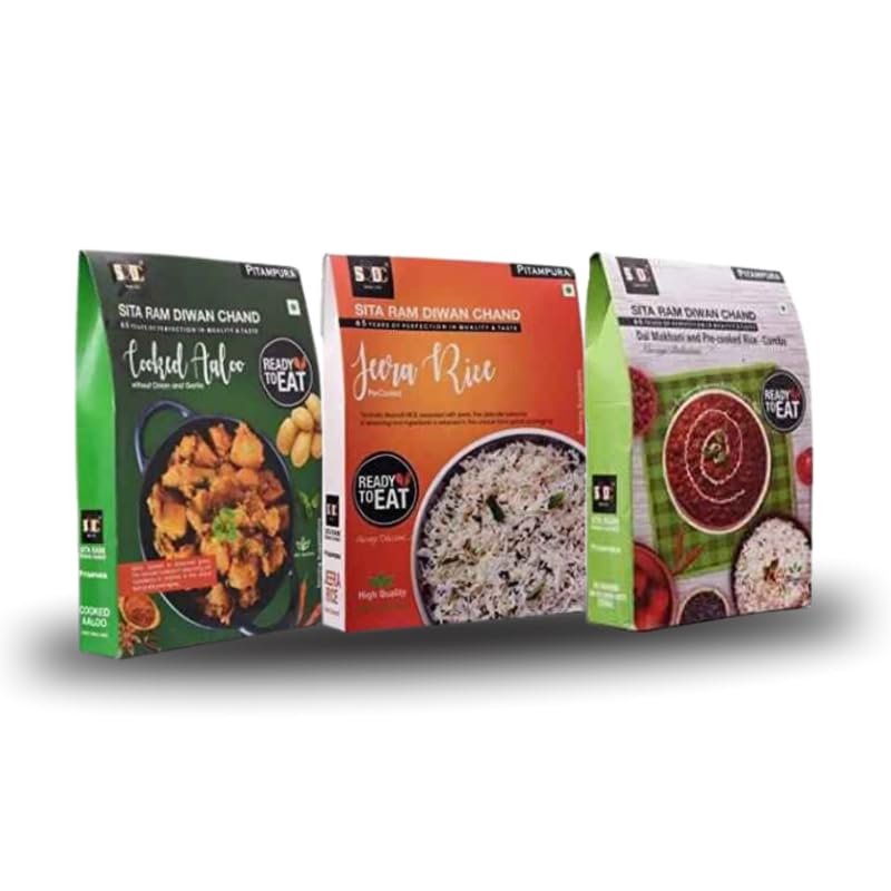 Sita Ram Diwan Chand Ready to Eat Cooked Aaloo | Jeera Rice | Dal Makhani Pre- Cooked Rice 300 Gram Each| No Preservatives | No Artificial Flavors | 100% Natural Ingredients| Tasty Snacks - Pack of 3