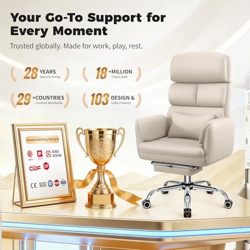 Image of Big and Tall Office Chair 500LBS, Ergonomic High Back Leather Executive Chair, Reclining Swivel with Adjustable Armrests Lumbar Support Footrest, Cross Legged, Beige