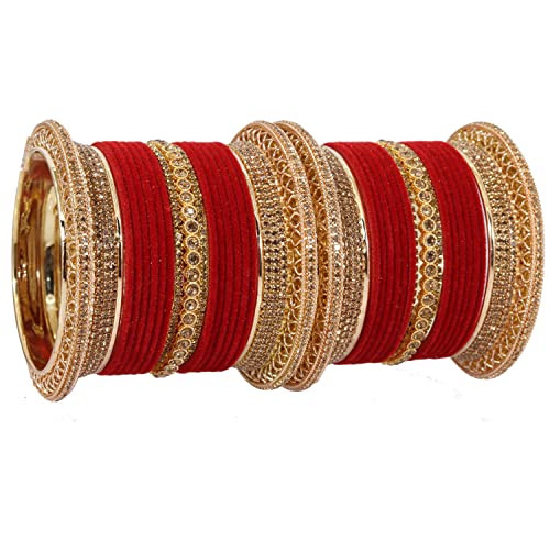 Image of NMII Non-Precious Metal with Base Metal and Studded with Zircon Gemstone Glossy Finished Traditional Velvet Bangle Chuda set for Women and Girls