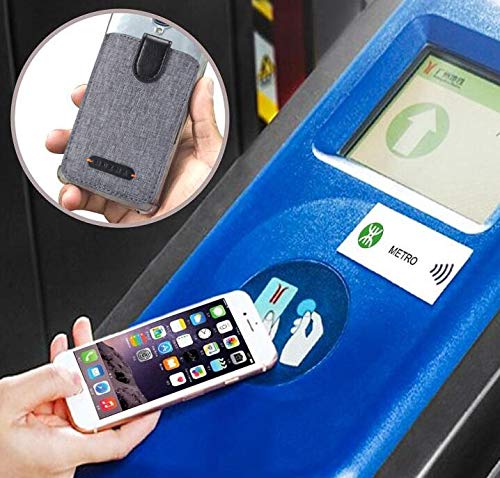 Image of Card Holder for Back of Phone RFID 5 Pull Credit Card Cash Cell Wallet Pocket Canva Leather Case for iPhone /Android /Samsung /Smartphones (Black) | FID-blocking pull-up card holder fits 5 credit cards & cash. Canvas & leather phone case holder compatible with most phones
