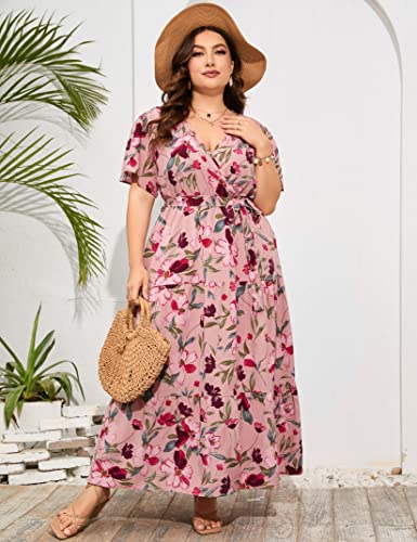 Image of ShopWonder Womens Plus Size V Neck Wrap Maxi Dress High Waist Ruffle Summer Casual Dress with Belt
