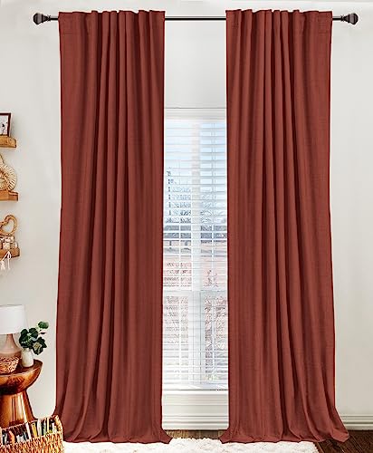 Image of Faux Linen Total Blackout Curtains for Bedroom 84 Inches Long, Terracotta | 100% Blackout Shield, Back Tab /Rod Pocket Living Room Drapes, Thermal Insulated Blackout Curtains 2 Panels Set, 50 inchW x 84 inchL