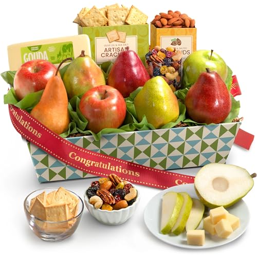 A Gift Inside Congratulations Fruit Gift Basket – Fresh Fruit Basket with Pears, Apples, Cheese, Almonds, Trail Mix &amp; Crackers, Gourmet Congratulations Gift