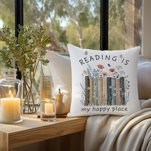 Image of Floar Book Lover Reader Gifts Pillow Covers, Bookish Bookworm Gifts, Reading is My Happy Place Book Pillow Cover Gifts for Women 18x18,Book Nook Decor,Reading Pillow for Kids