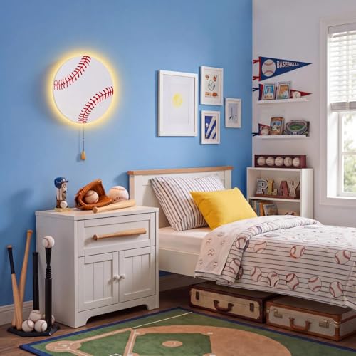 Image of Aurelema Baseball Night Light Wall Lamp Sleeping Nursery Lighting Cute Floating Battery Operated Hanging Lamp for Baby Boys Girls Bedroom Room Nursery Wall Decorations