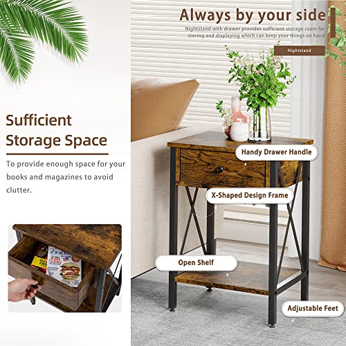 Vongrasig Nightstand With Wooden Drawer And Storage Shelf, Narrow Side Table For Small Spaces With Industrial Steel Frame, Modern Bedside End Tables With Drawer For Bedroom, Living Room, Rustic Brown #TOP4