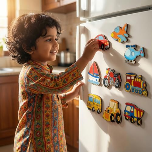 Image of ImagiVibe Paint Your Own 9 Transport Vehicles Fridge Magnet DIY Kit for Kids | Transport Theme MDF Painting Craft Set | Creative Art & Craft Activity | Made in India (Transport)