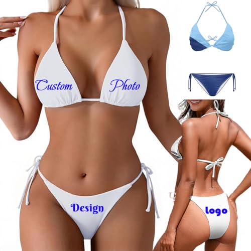 Custom Photo Bikini Swimsuit, Novelty Ladies Sexy Swimwear Halter Thong Triangle Tie Back Personalized Summer Set, Customized Pattern Text Logo All-Over Print Women's Two Piece