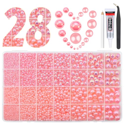 qiipii 2 Styles 2mm-12mm Dark Pink Flatback Pearls for Bedazzling Crafting