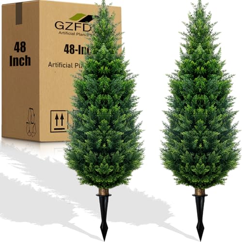 GZFDY 4Ft Artificial Cedar Topiary Trees (2-Pack) - UV Resistant Fake Shrubs with Ground Spike for Outdoor & Indoor Use Front Porch Garden Decor