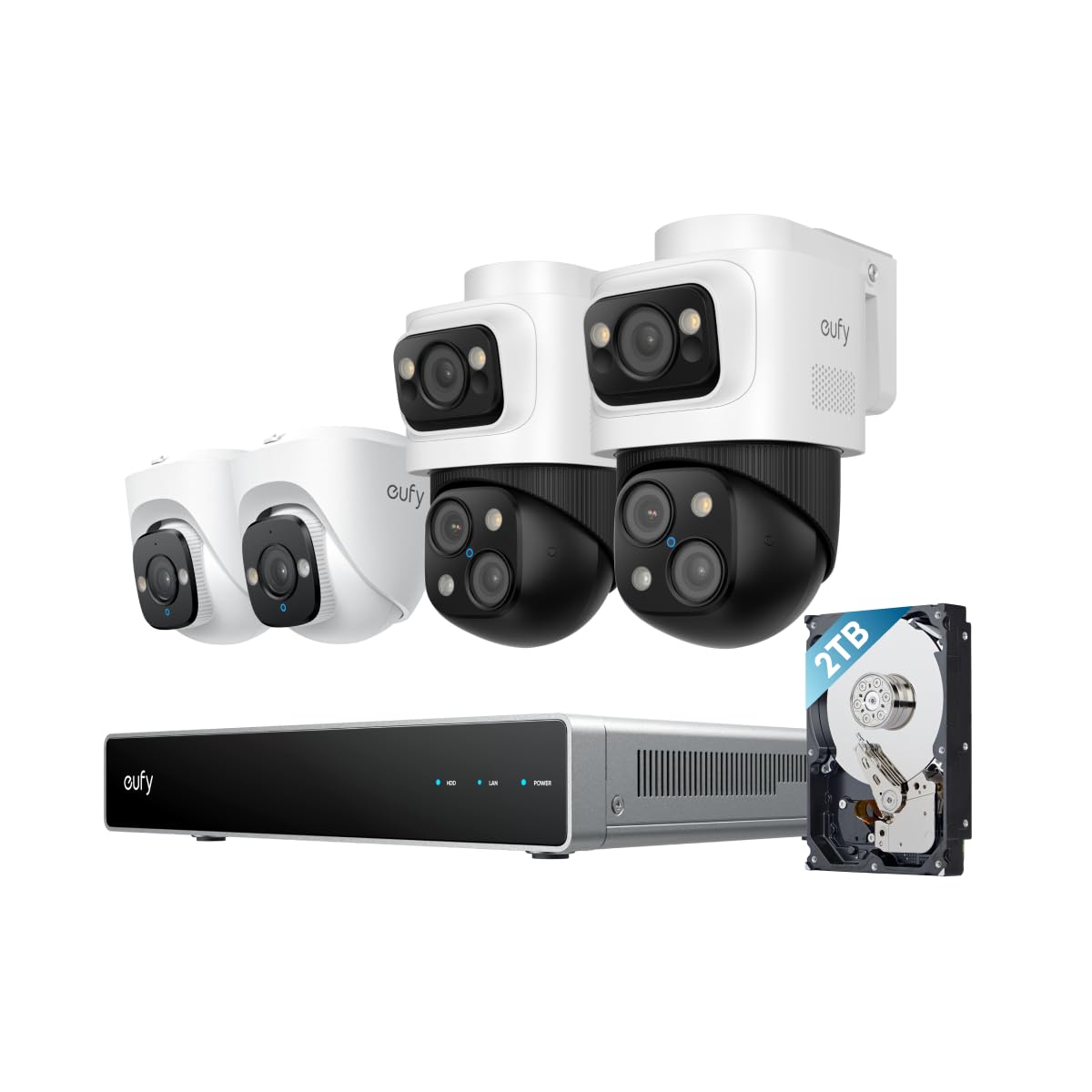 eufy Security Sistema NVR PoE S4, 2 telecamere Bullet-PTZ, 2 telecamere Bullet PTZ 360°, framing e tracking auto AI, auto-ricerca video, visione notturna a colori, strobo rosso/blu,2TB HD,ripresa 24/7