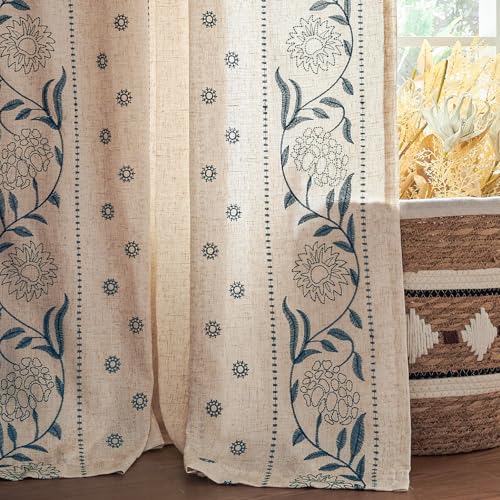 Image of jinchan Blue Floral Linen Curtains for Living Room 84 inch Back Tab 2 Panels