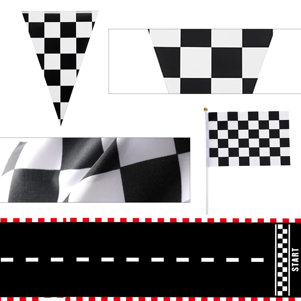 Racing Party Decoration Supplies Black and White Flags 32.8 Feet 10 Pcs Checkered Racing Small Flags on Stick 6.6 x 1.96ft Long Racetrack Floor Running Mat Checkered Bunting Party Decoration - Image 3