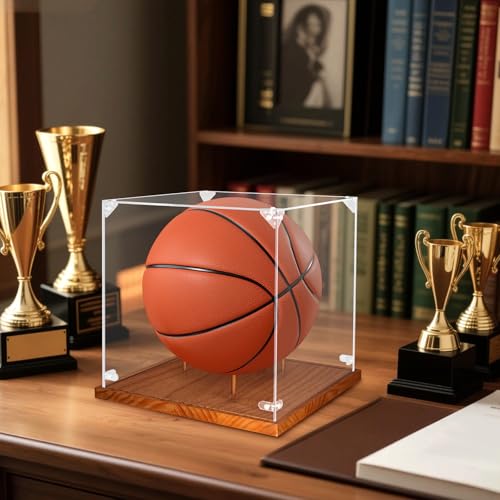 Image of Hooqict Basketball Display Case Acrylic Clear 10 inch Full Size with Solid Wood Base UV Protected Basketball Holder Display Stand Case Square Box for Sports Collections Autographed Ball Memorabilia Gifts