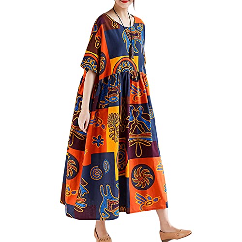 Versear Women Loose Casual Cotton Linen Dress Floral Boho Maxi Dress Contrast House Robes Half Sleeves Plus Size Orange #TOP1