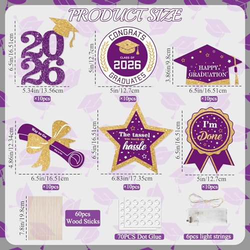 Image of Graduation Party Centerpieces Decorations for Tables Class of 2026-60pcs Glitter Purple and Gold Graduation Table Centerpieces Sticks with LED String Lights for Graduation Party Decor Supplies