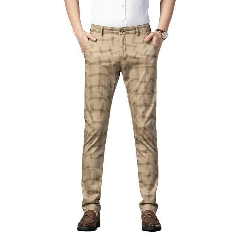 Men's Spring Plaid Elastic Slim Fit Business Straight Trendy Casual Pants4