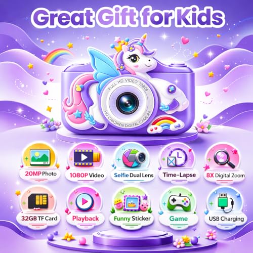 Image of PLUSPOINT Kids Digital Camera, Unicorn Toys Camera with Selfie 1080P HD Video, Christmas Birthday Gifts for Girls, Toddler Digital Camera Toys Gifts for 3+Year Old Girls and Kids