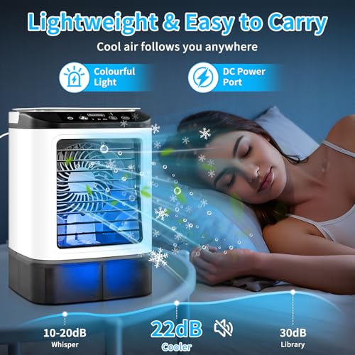 Mini Air Conditioner - 2026 New 4 Speeds Portable Air Conditioner with Ice Cubes Mold/2 Mist Modes/900ML Tank/7 Colors LED Light - Evaporative Air Coolers Fan for Home/Bedroom/Car/ image 4
