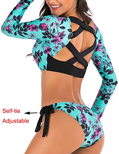 JadeRich Women's Fashion Pattern Long Sleeve Tankini Sets UPF 50+ Rash Guard Swimsuit Sun Block Swimwear2