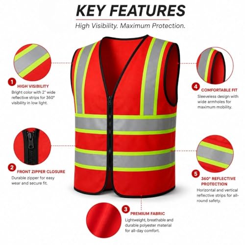 Image of VRITRAZ Unisex High Visibility Reflective Safety Vest | Multi-Pocket Safety Workwear Jacket for Construction Workers, Engineers, Security Guards, Factory & Road Safety Use
