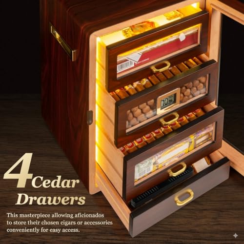 Desktop Cigar Humidor Cabinet Triple-Sided Light with Digital Hygrometer, Humidifier and Humidity Packs. 4 Ceder Wood Drawers, Cigar Humidor Box can Hold 200 Cigars. Present for Men