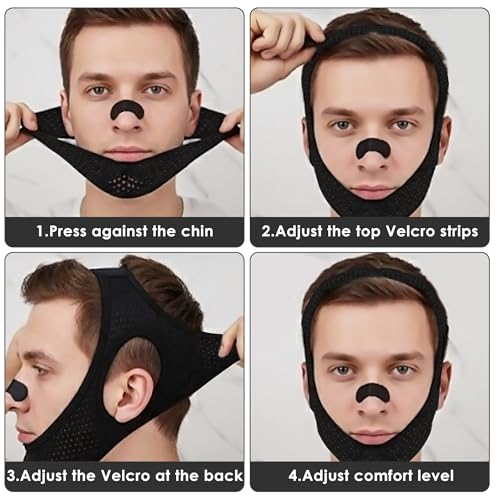 TOCCOOL Anti Snore Chin Strap for Side Sleepers and CPAP Users - Adjustable, Airflow Jaw Strap for Sleep Apnea with Breathing Nose Strip 50PCS, Sleep Breathing Aid for Men/Women (Black) - Thumbnail 3