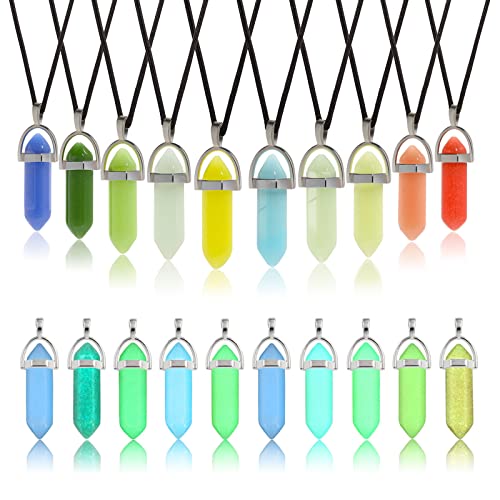 TXIN Glow in the Dark Crystal Pendant Necklaces, Luminous Natural Quartz Stone, Fluorescent Hexagonal Stone, Glowing Moonstone with Black Leather Chain, 10 Colors