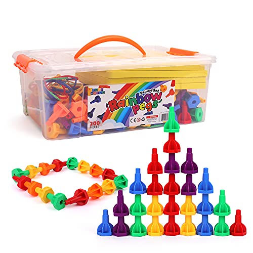 Image of Rainbow Pegs and Board Deluxe 200pc Set, Montessori Baby Toys, Stacking and Lacing Pegs, Baby and Toddler Toys, Play and Learn STEM Toy, Fine Motor Skills, Ages 3+