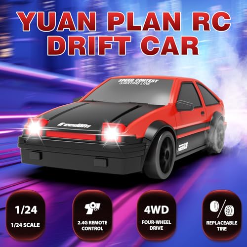 Image of RC Drift Car, 1:24 Remote Control Cars 2.4GHz 4WD High Speed Drift RC Cars with LED Light and Dritfing Tires Racing Hobby Toy Car for Boys Girls Kids Adults (Red)