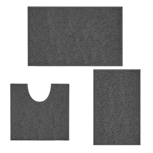 COMPOLICY PLACEROOM Bathroom Mat Set of 3, Bath and Toilet Mat Set,Ultra Soft Chenille Bath Mat Non Slip,Bath Mat Sets 3 Piece Washable,Super-Absorbent Bath(Dark Grey bath set)