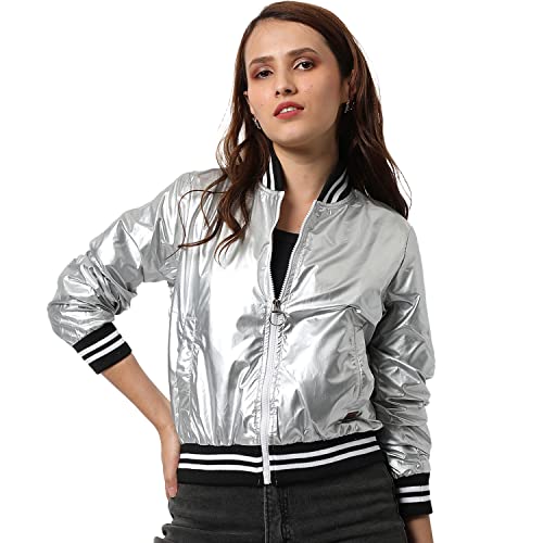 Image of PINACOLADA Women Silver Puffer Regular Fit Bomber Jacket For Winter Wear | Low-Cut Standing Collar | Full Sleeve | Zipper | Casual Jacket For Woman & Girl | Western Stylish Jacket For Women