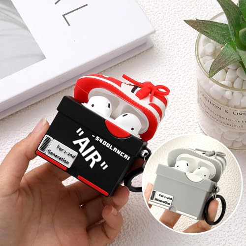 Image of [2Pack] Gedicht for Apple Airpods 2nd Generation Case Cover, Cute Cartoon Shoe Box Soft Silicone Protective Cases for AirPods 1&2 Case with Keychain for Women Men, Red+Light Gray