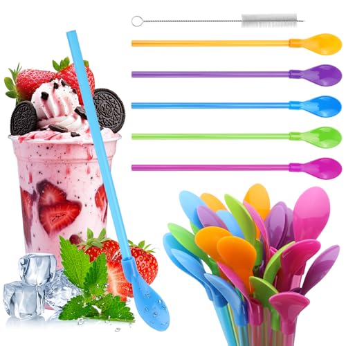 IIRC 30 Stück Strohhalm Löffel(Wiederverwendbar) Farbige Slush Strohhalme Plastik Strohhalm mit Löffel für Slushy Milchshake Gefrorene Getränke