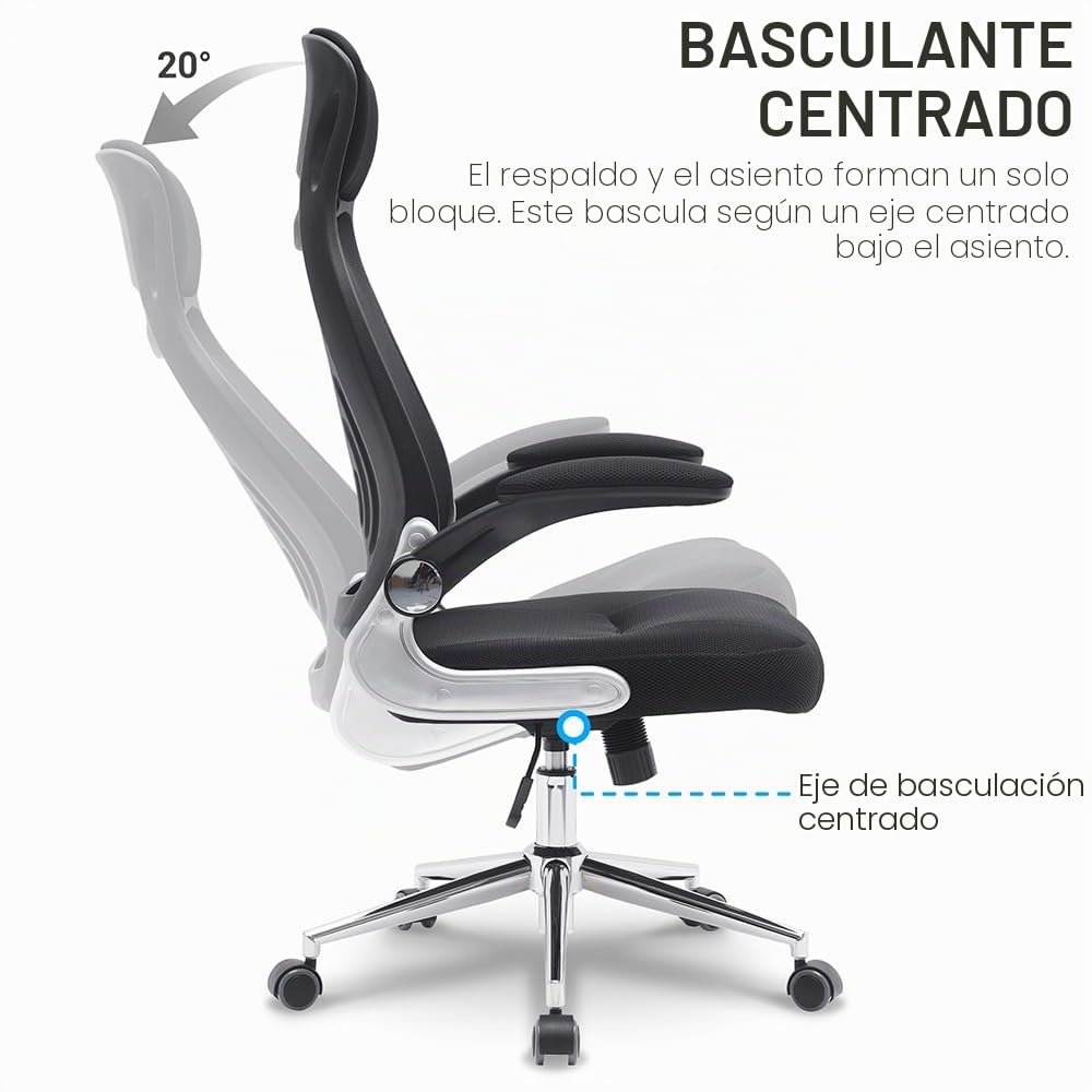 Waytex Silla de Oficina ergonómica de Tela de Red, Respaldo Alto con reposacabezas Integrado, apoyabrazos elevables, Soporte Lumbar, Altura Ajustable, pie de Metal Cromado, Negro
