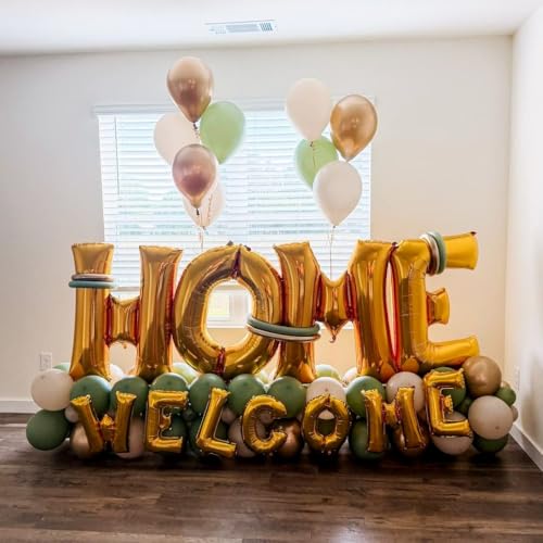 Image of 40 Inch Gold HOME Balloon Letters for Housewarming Party Decorations, Large Metallic Gold Chrome New Home Sweet Welcome Balloon Banner Sign for Real Estate Open House Warming Homecoming Party Decor