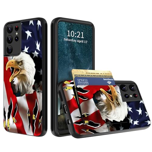 RAUEDWDJS for Samsung Galaxy S24 Ultra Wallet Case with Credit Card IDs Holder Slot Cover,Dual Layer Hybrid Soft TPU Hard PC Shockproof Case,USA Flag Eagle