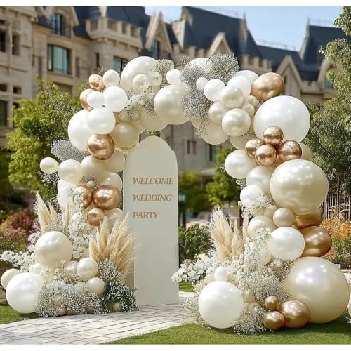 Image of Beige Gold Balloons Double Stuffed Sand White Balloon Garland Pearl White Cream Metallic Gold Balloon Arch Kit for Birthday Wedding Bridal Anniversary Boho Baby Shower Party Decorations