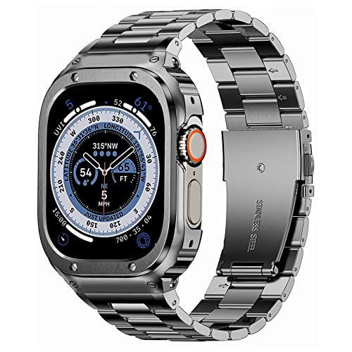 Image of MioHHR Stainless Steel Band and Case Compatible with Apple Watch Band 49mm | Men Metal Protective Bumper Cover with Straps for iWatch 49mm Series Ultra 3, Ultra 2, Ultra, Space Gray