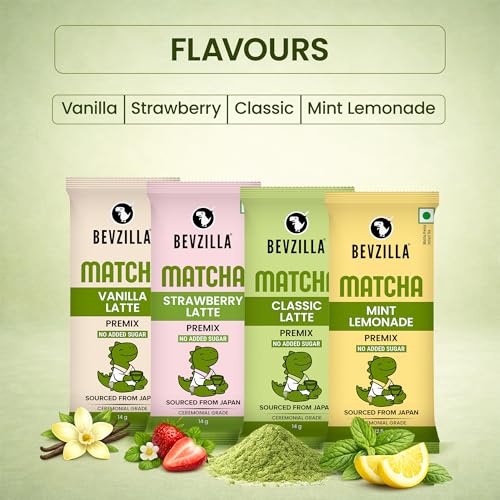 Image of Bevzilla Instant Matcha Premix 4 Assorted Sachets | Ceremonial Grade Green Tea | No Added Sugar | Smooth Energy Drink Mix | Single Serve | Hot & Cold Matcha Anytime