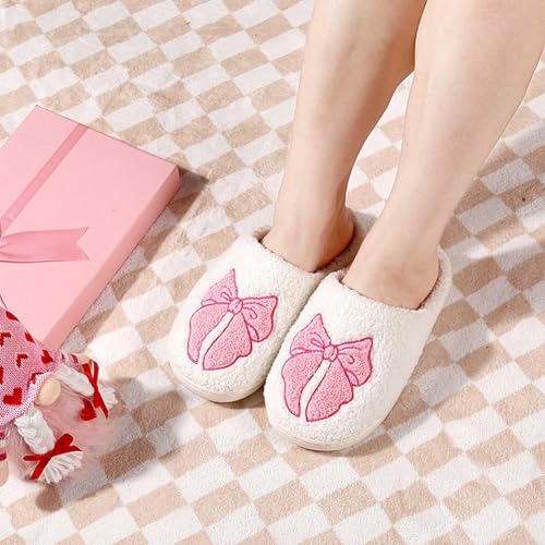 Bow Slippers For Women, Womens House Slippers, Cute Fall And Winter Pink Plush Fluffy Warm Indoor Slippers3