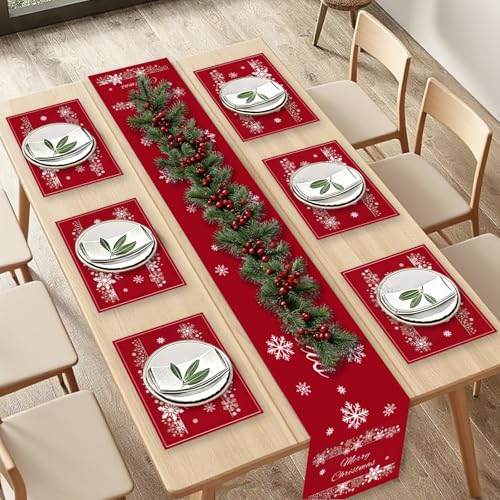 HAQIUHETO Tischdecke Weihnachten rot 40*200CM und 6 Tischsets 35*45CM...