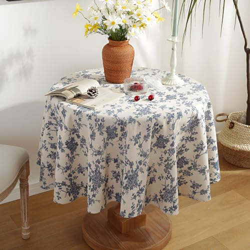 KUAOOAUK Nappe de Table Ronde en Coton et Lin - Style Vintage - 140 cm - avec Motif Floral Bleu -...