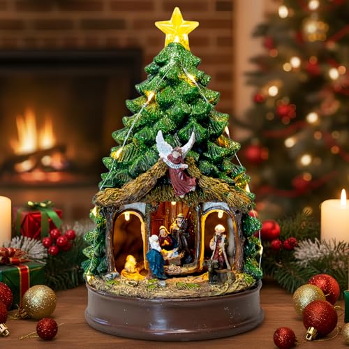 Christmas Tree Lighted Animated Rotating Adoration of The Magi Nativity Manger Scene, Musical Creche with Barn Animals Figurines LED Lights, Home Decor Gifts Festive Holiday Tabletop Decorations