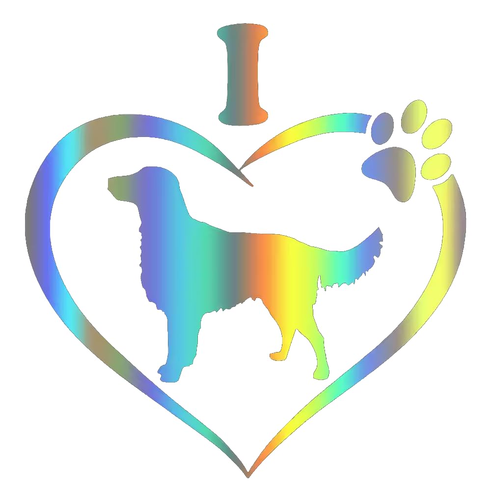 TIZIKJ Holografischer Golden Retriever Autoaufkleber, Reflektierend, Wasserfest, PVC-Material, Herz-Design mit Hundepfote für Auto Laptop Kühlschrank Möbel lustige Dekoration ((15cm/5.91inch))